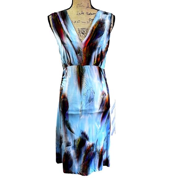 CREOLA Women A-Line Dress Sz 44/8 Multicolor Abstract Print Stretch V-Neck Italy - Picture 2 of 16